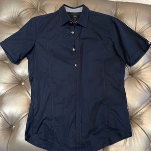 Hugo Boss navy slim fit short sleeve shirt